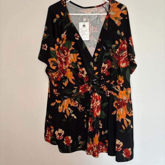 UVPLOVE NEW Short Sleeve V-Neck Faux Wrap Tunic Womens 5XL Floral Black Slimming - Picture 5 of 7